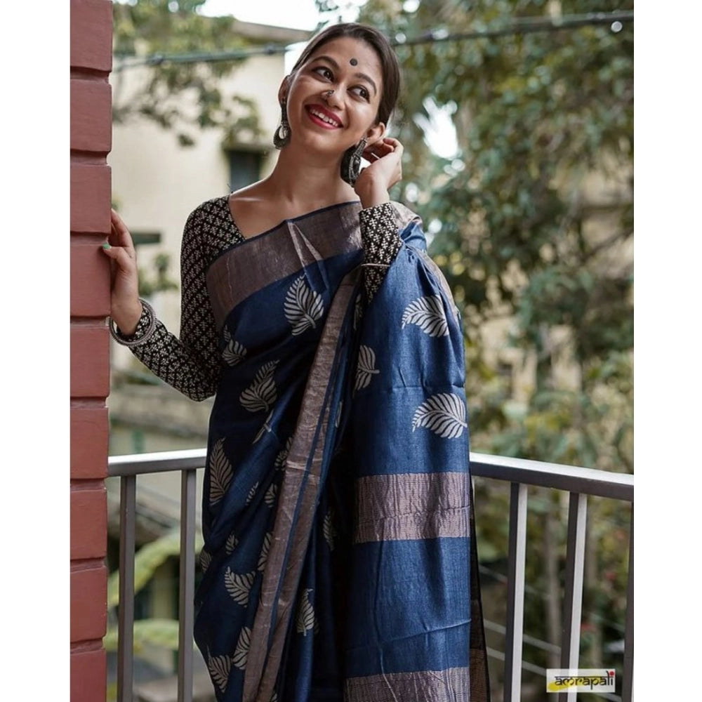 Snuggle Spot Women's Silk Printed Saree With Unstitched Blouse 5.5Mtr (Navy Blue)