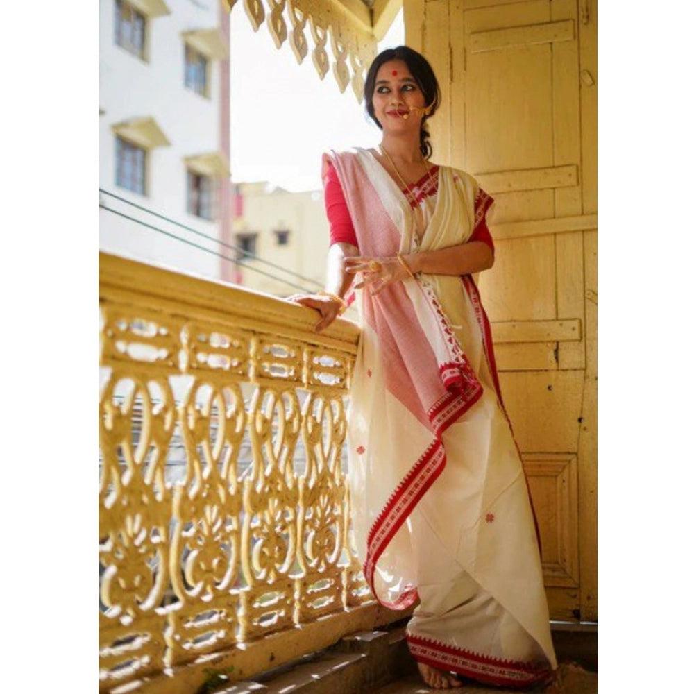 Snuggle Spot Women's Cotton  Printed Saree With Unstitched Blouse 5.5Mtr (White)