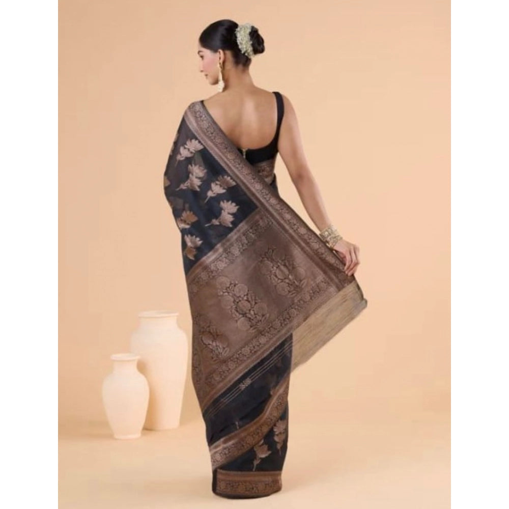Snuggle Spot Women's Silk Printed Saree With Unstitched Blouse 5.5Mtr (Black)