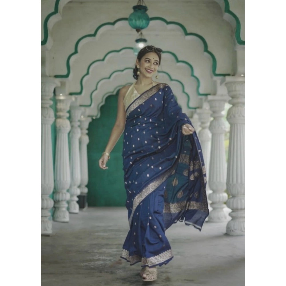 Snuggle Spot Women's Cotton  Printed Saree With Unstitched Blouse 5.5Mtr (Navy Blue)