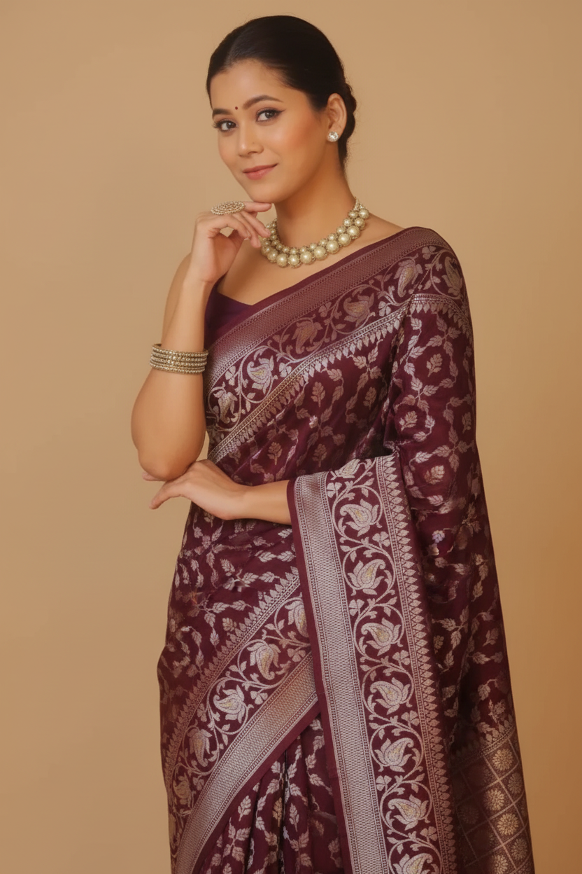 Snuggle Spot Women's Silk Printed Saree With Unstitched Blouse 5.5Mtr (Maroon)