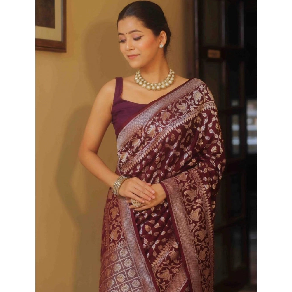 Snuggle Spot Women's Silk Printed Saree With Unstitched Blouse 5.5Mtr (Maroon)