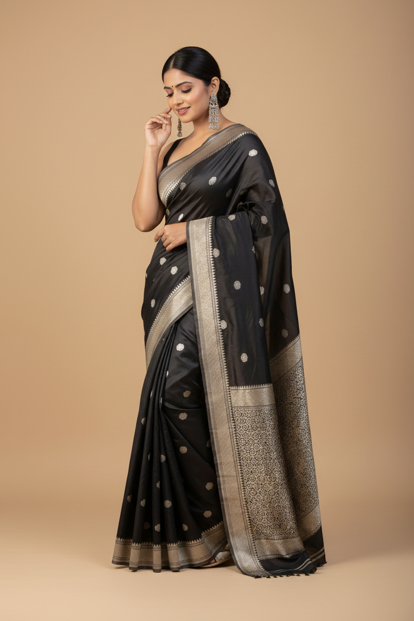 Snuggle Spot Women's Silk Printed Saree With Unstitched Blouse 5.5Mtr (Black)