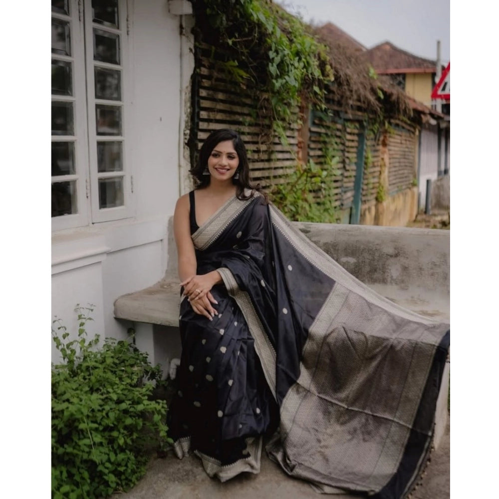 Snuggle Spot Women's Silk Printed Saree With Unstitched Blouse 5.5Mtr (Black)