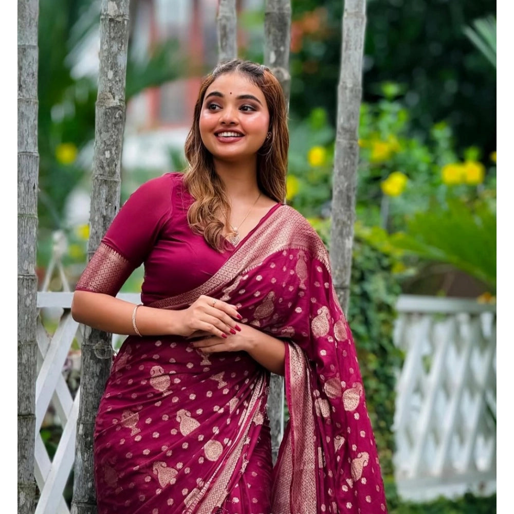 Snuggle Spot Women's Silk Printed Saree With Unstitched Blouse 5.5Mtr (Wine)