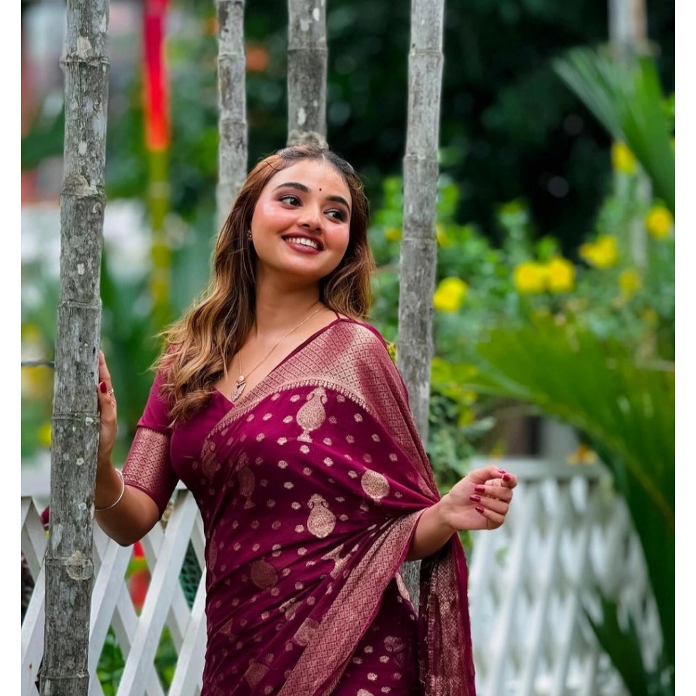 Snuggle Spot Women's Silk Printed Saree With Unstitched Blouse 5.5Mtr (Wine)