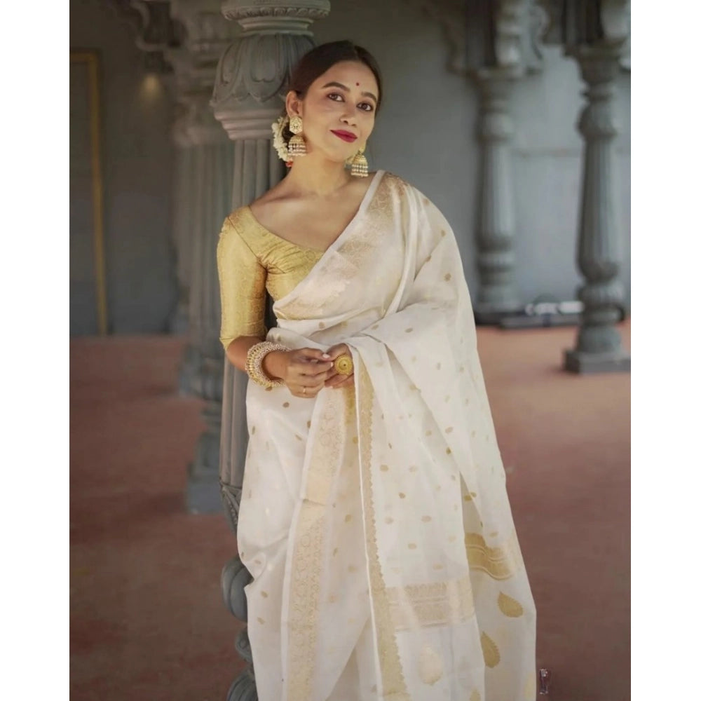 Snuggle Spot Women's Cotton  Printed Saree With Unstitched Blouse 5.5Mtr (White)