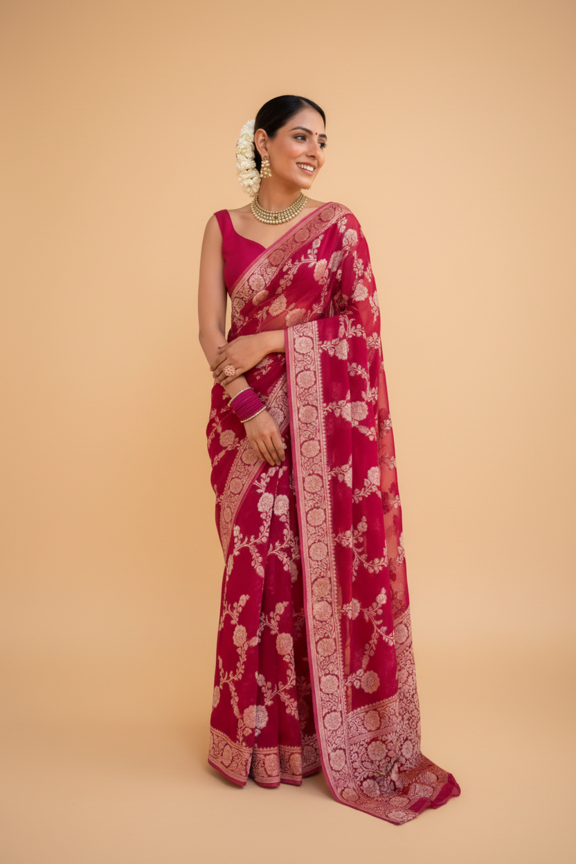 Snuggle Spot Women's Silk Printed Saree With Unstitched Blouse 5.5Mtr (Pink)
