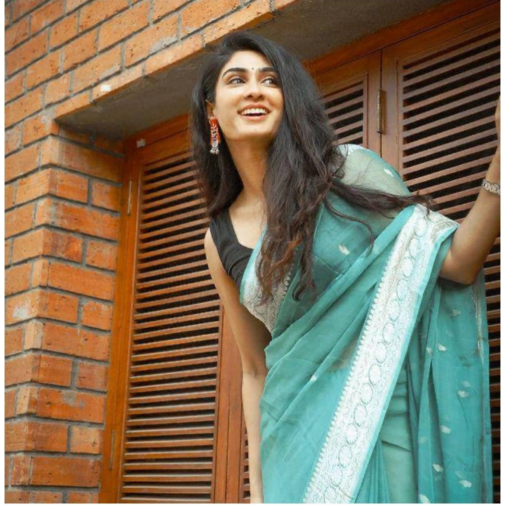 Snuggle Spot Women's Cotton  Printed Saree With Unstitched Blouse 5.5Mtr (Sky Blue)