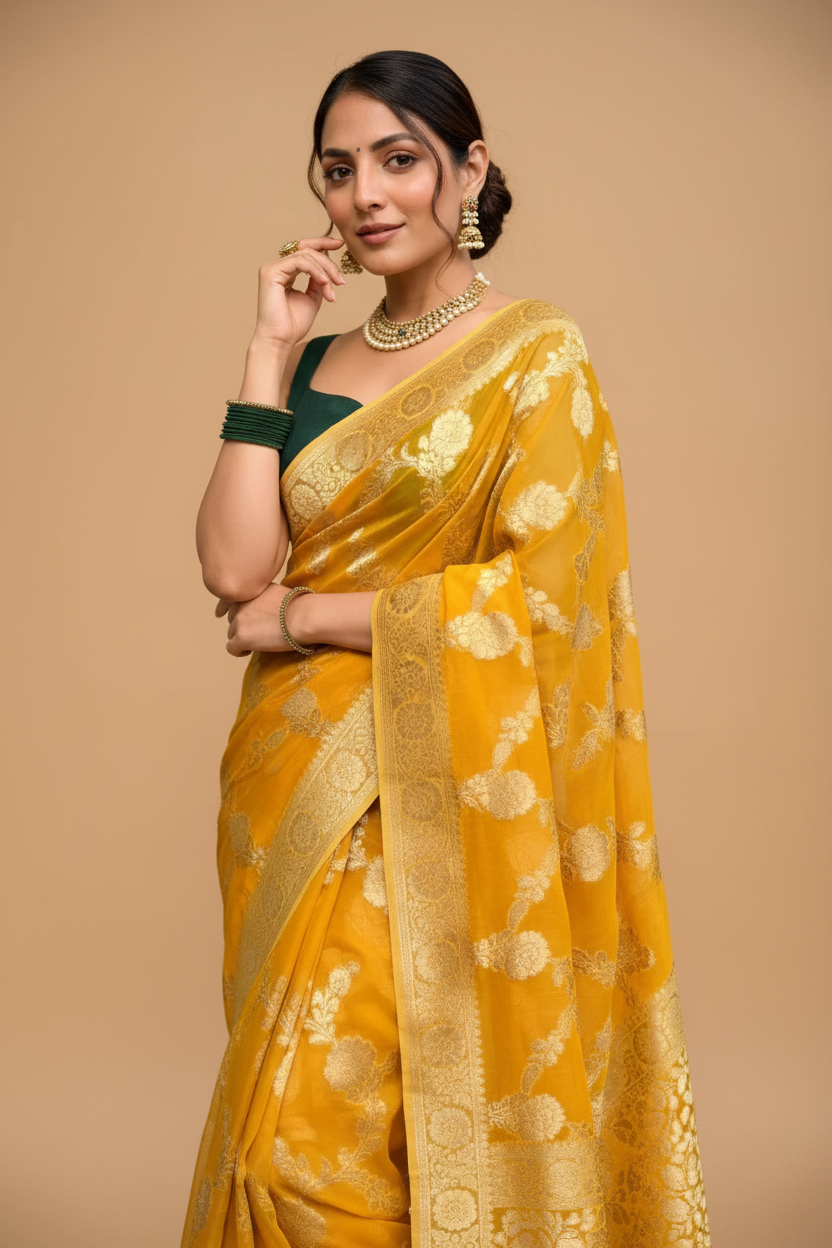 Snuggle Spot Women's Silk Printed Saree With Unstitched Blouse 5.5Mtr (Gold Yellow)