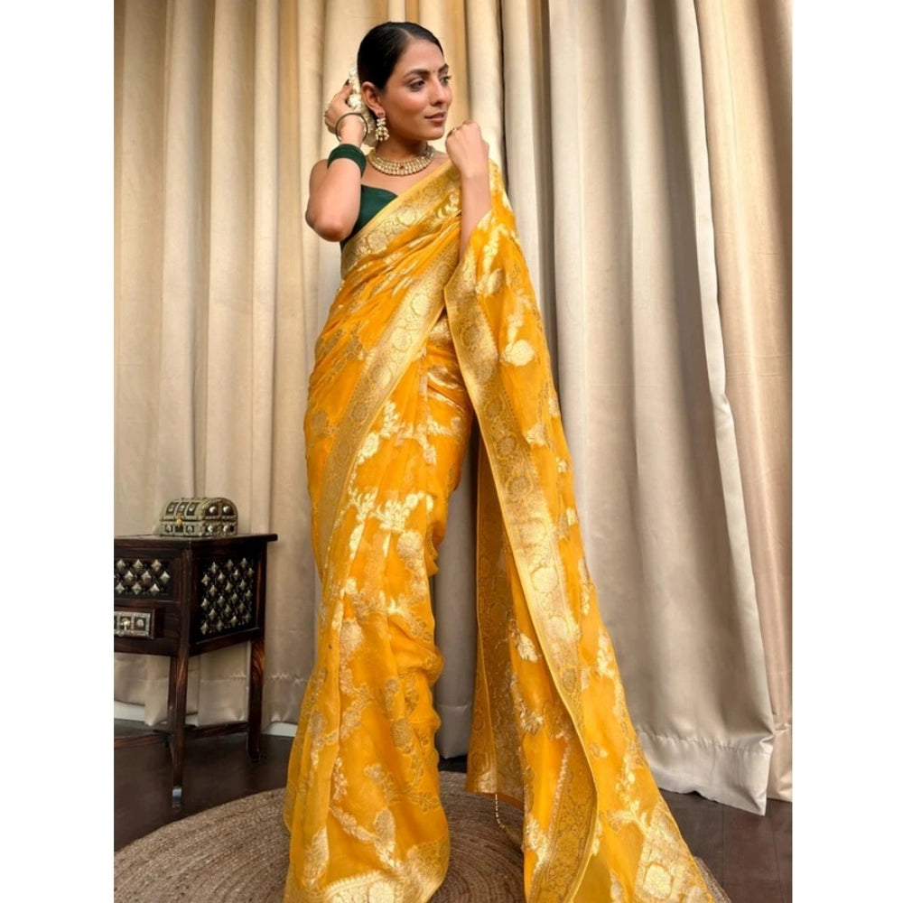 Snuggle Spot Women's Silk Printed Saree With Unstitched Blouse 5.5Mtr (Gold Yellow)