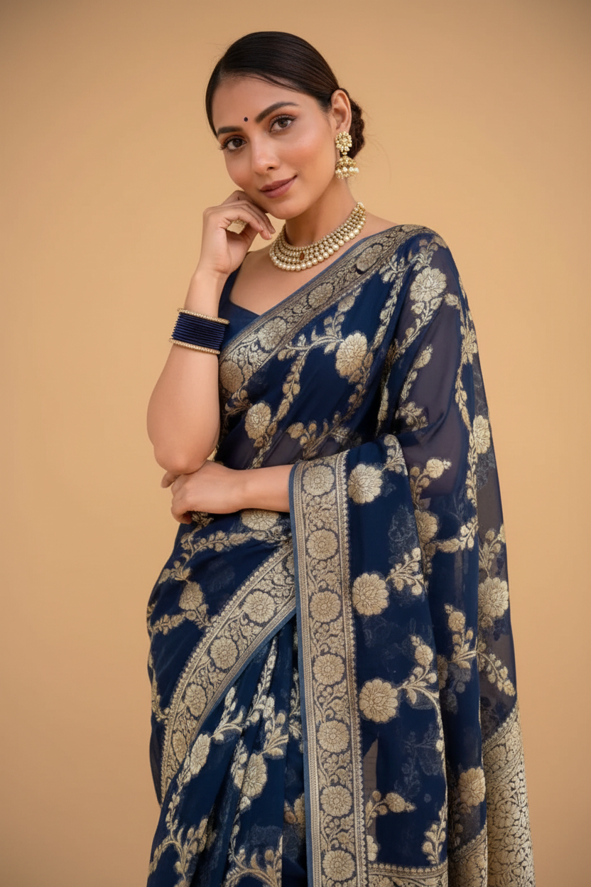 Snuggle Spot Women's Silk Printed Saree With Unstitched Blouse 5.5Mtr (Dark Blue)