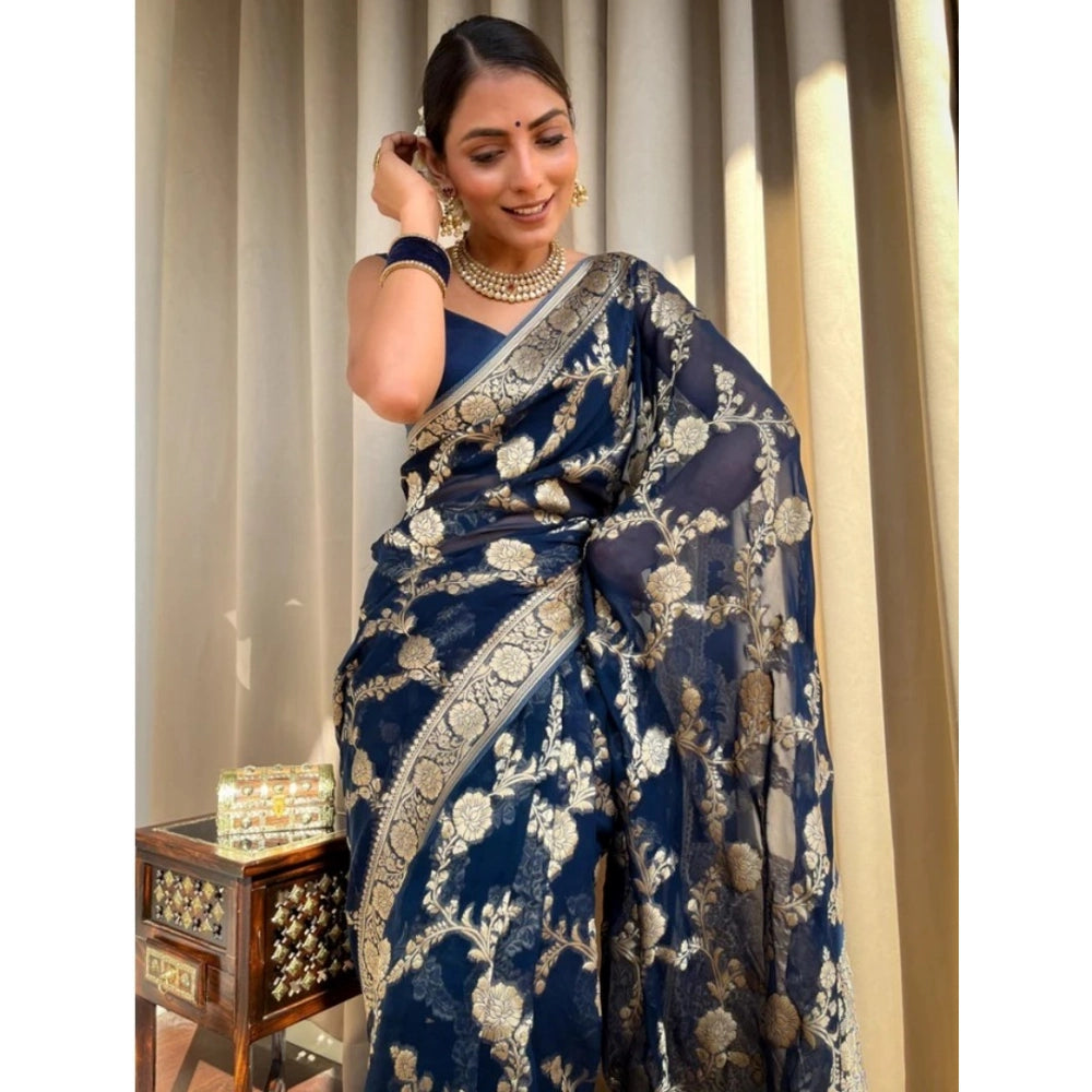 Snuggle Spot Women's Silk Printed Saree With Unstitched Blouse 5.5Mtr (Dark Blue)