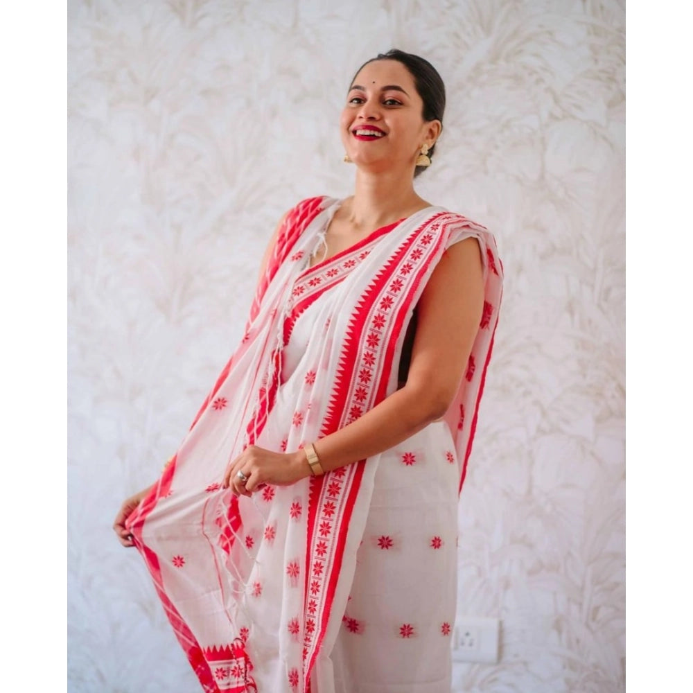 Snuggle Spot Women's Cotton  Printed Saree With Unstitched Blouse 5.5Mtr (White-Pink)