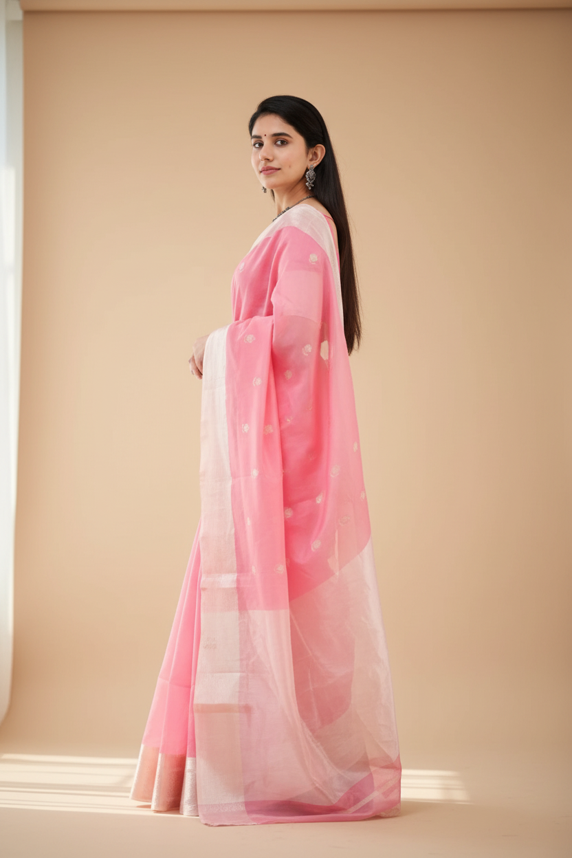 Snuggle Spot Women's Cotton  Printed Saree With Unstitched Blouse 5.5Mtr (Pink)