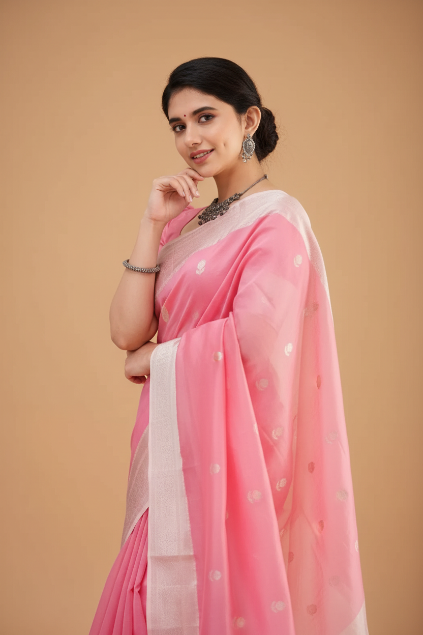Snuggle Spot Women's Cotton  Printed Saree With Unstitched Blouse 5.5Mtr (Pink)
