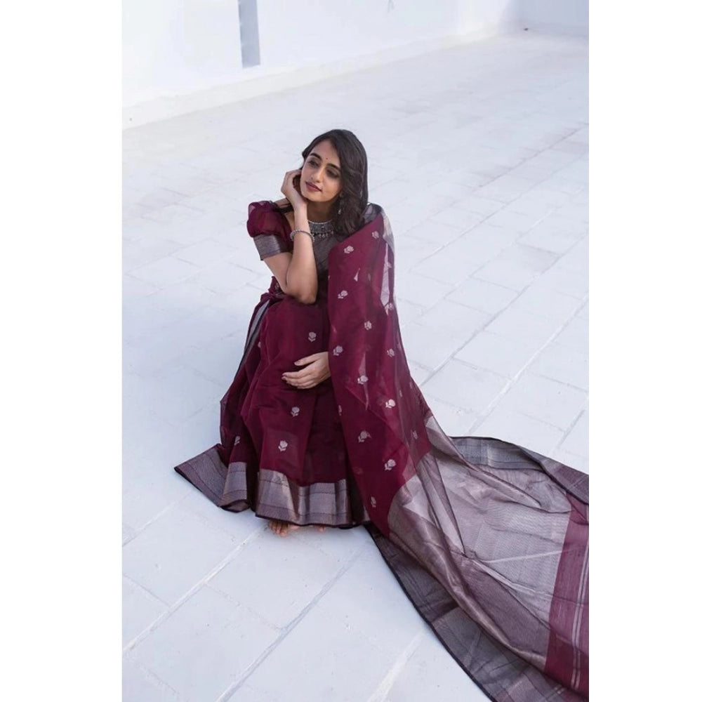 Snuggle Spot Women's Cotton  Printed Saree With Unstitched Blouse 5.5Mtr (Maroon)