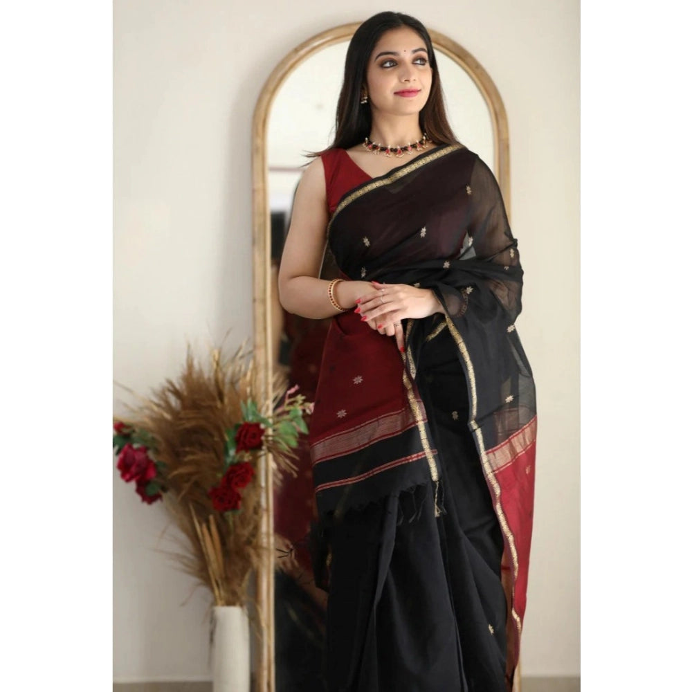 Snuggle Spot Women's Cotton  Printed Saree With Unstitched Blouse 5.5Mtr (Black)