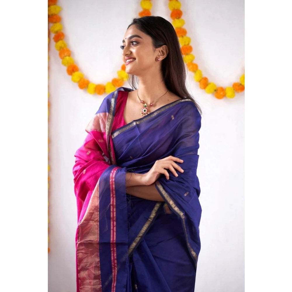 Snuggle Spot Women's Cotton  Printed Saree With Unstitched Blouse 5.5Mtr (Blue)