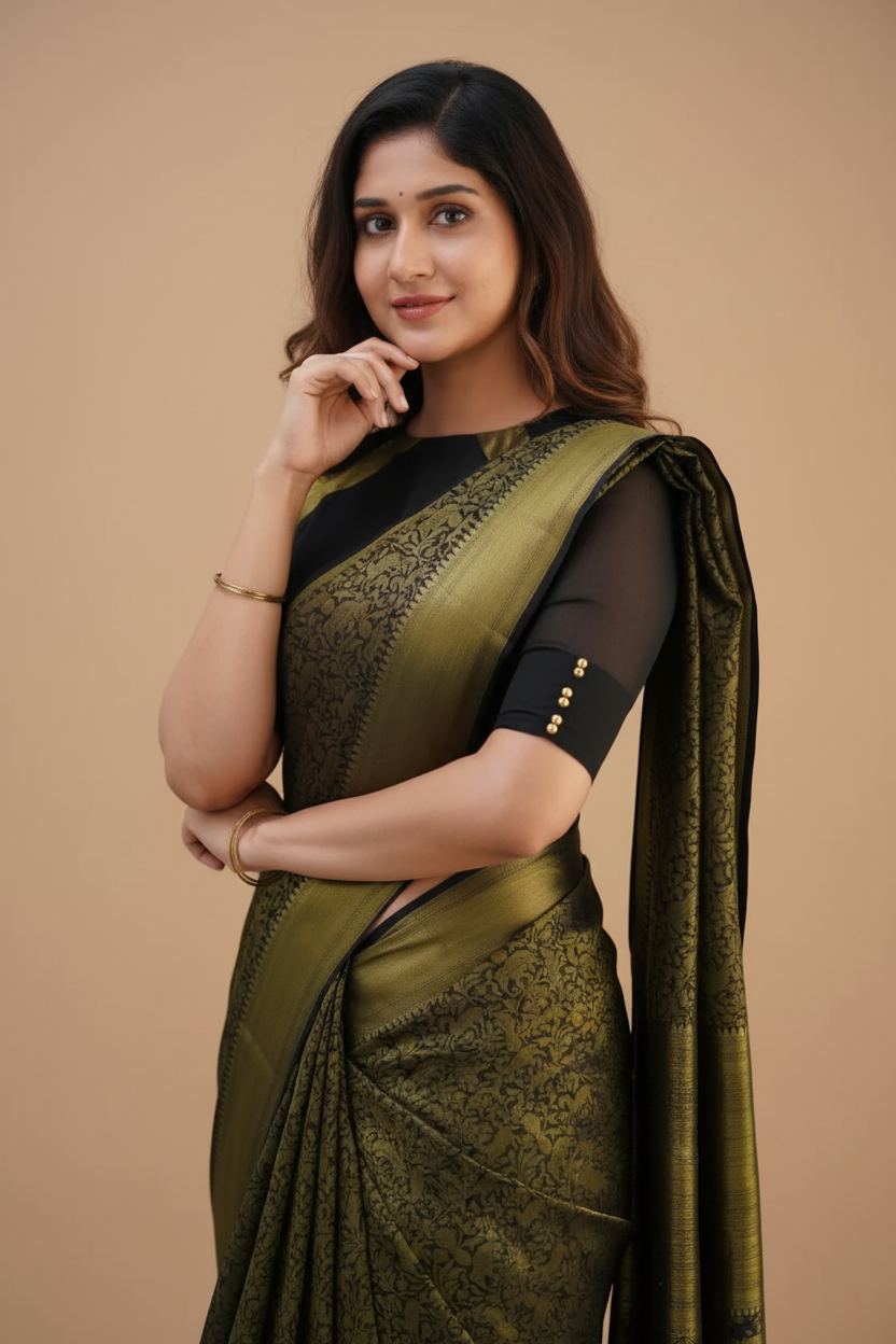 Snuggle Spot Women's Silk Printed Saree With Unstitched Blouse 5.5Mtr (Black)
