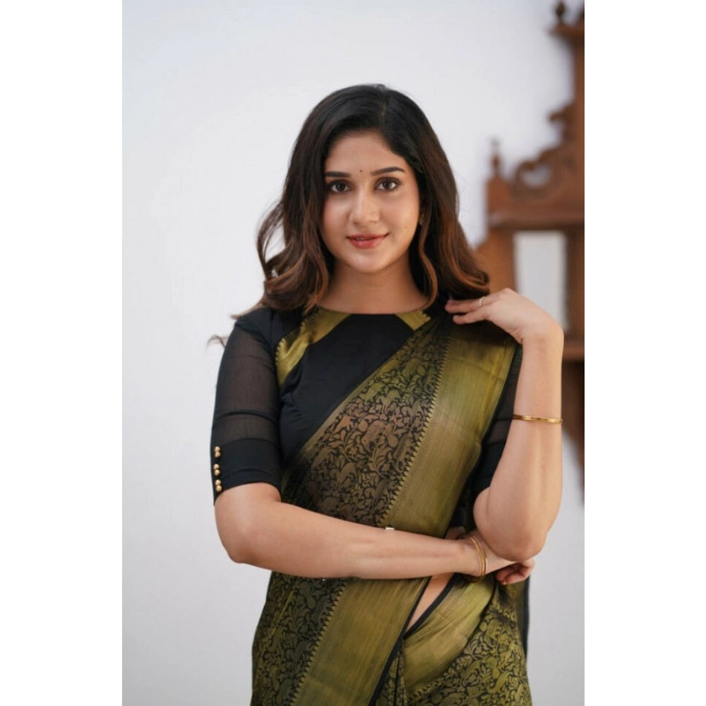 Snuggle Spot Women's Silk Printed Saree With Unstitched Blouse 5.5Mtr (Black)