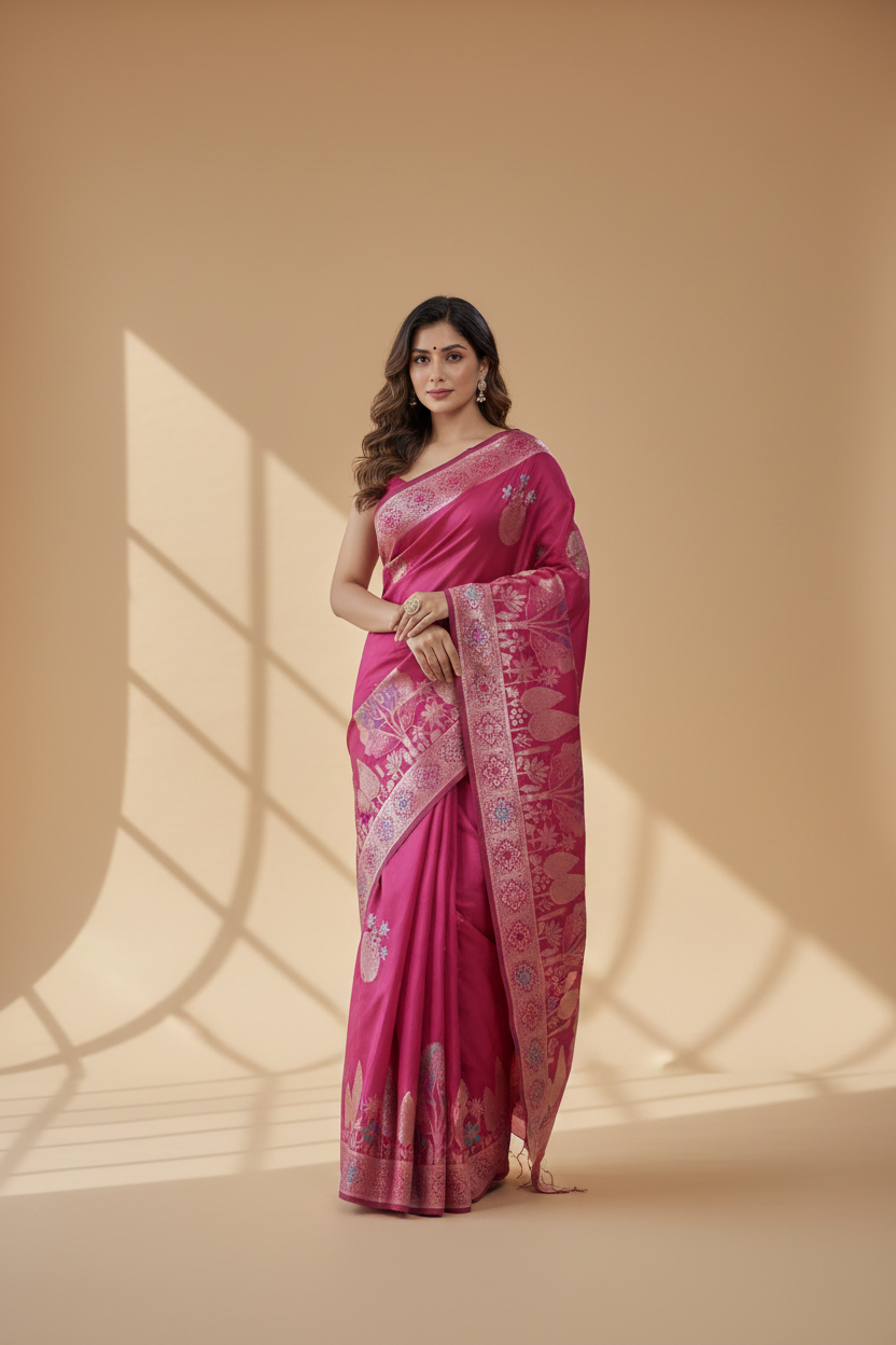 Snuggle Spot Women's Silk Printed Saree With Unstitched Blouse 5.5Mtr (Rani Pink)