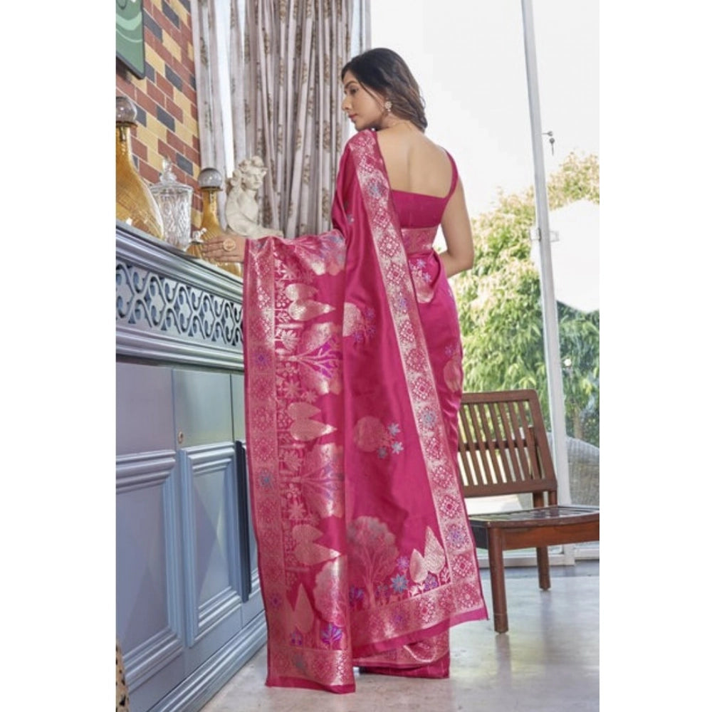 Snuggle Spot Women's Silk Printed Saree With Unstitched Blouse 5.5Mtr (Rani Pink)