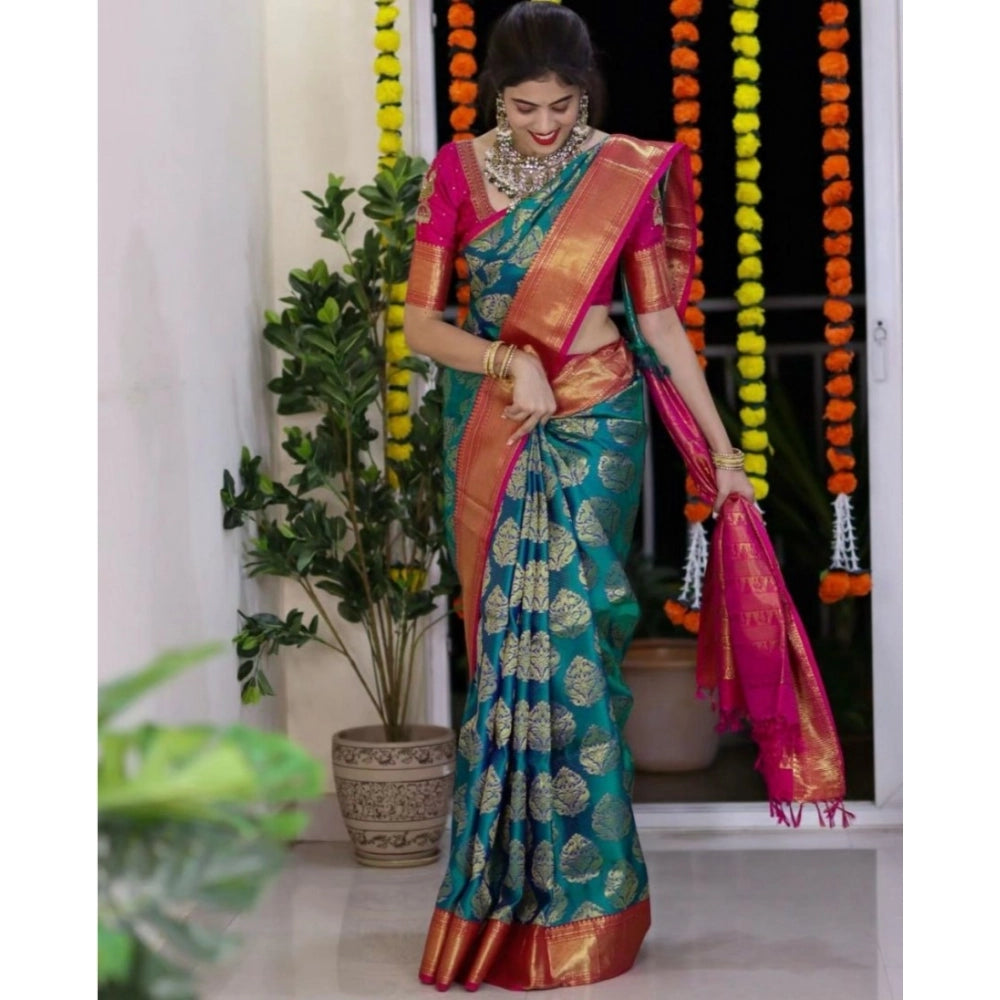 Snuggle Spot Women's Silk Printed Saree With Unstitched Blouse 5.5Mtr (Teal Blue)