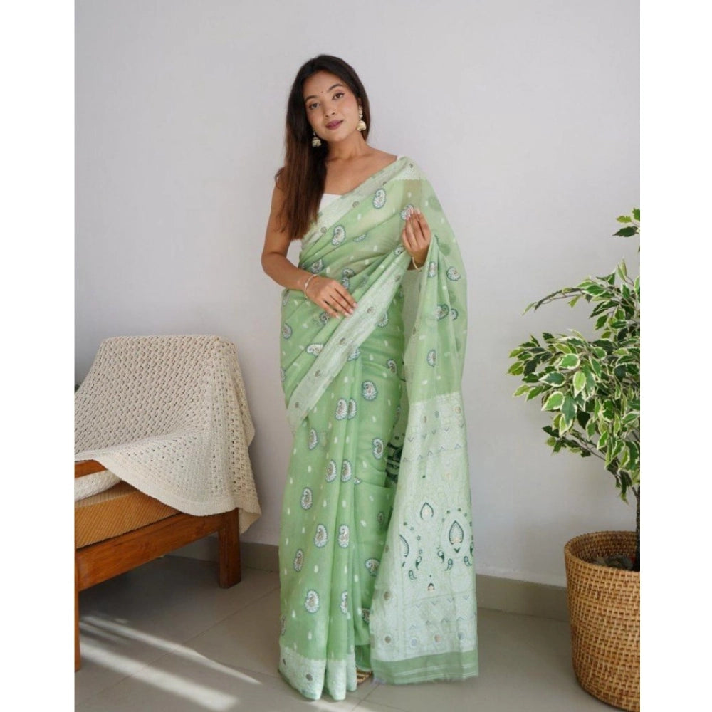 Snuggle Spot Women's Cotton  Printed Saree With Unstitched Blouse 5.5Mtr (Pista)