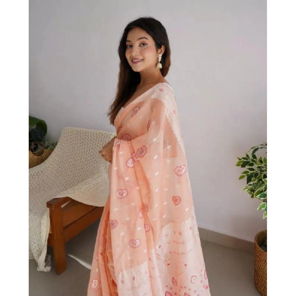 Snuggle Spot Women's Cotton  Printed Saree With Unstitched Blouse 5.5Mtr (Peach)