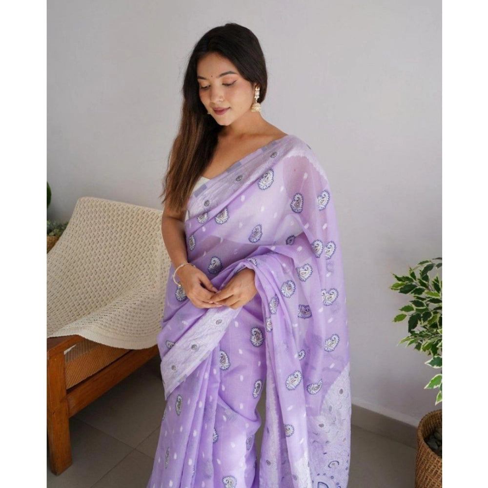 Snuggle Spot Women's Cotton  Printed Saree With Unstitched Blouse 5.5Mtr (Lavender)