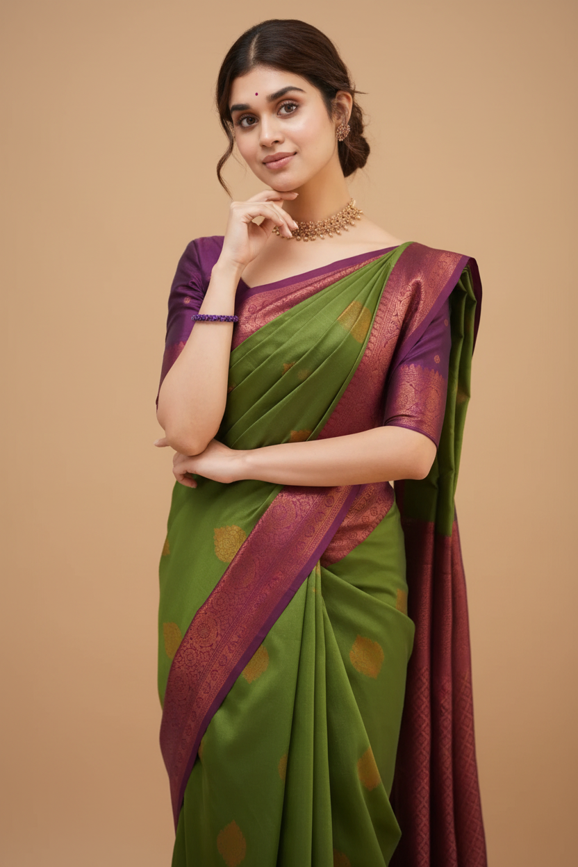 Snuggle Spot Women's Silk Printed Saree With Unstitched Blouse 5.5Mtr (Green)