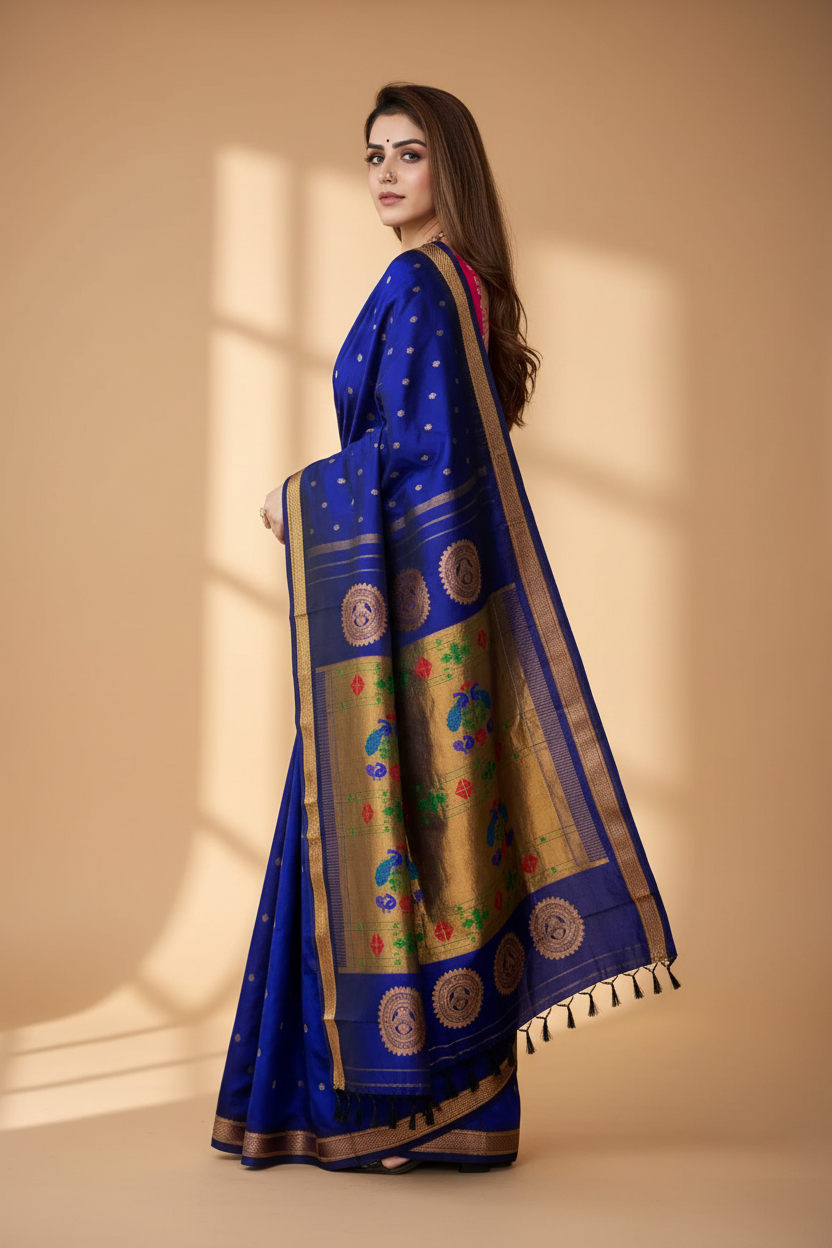 Snuggle Spot Women's Silk Printed Saree With Unstitched Blouse 5.5Mtr (Blue)