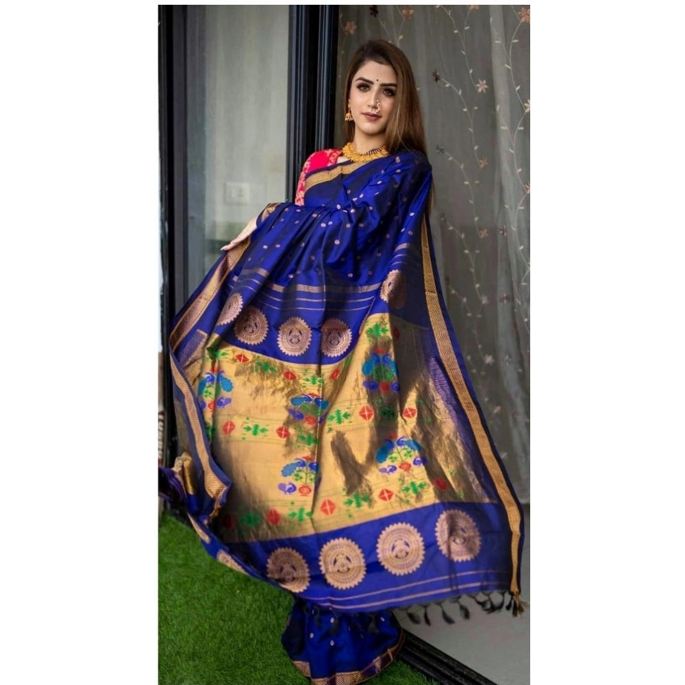 Snuggle Spot Women's Silk Printed Saree With Unstitched Blouse 5.5Mtr (Blue)