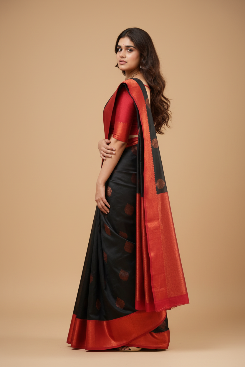 Snuggle Spot Women's Silk Printed Saree With Unstitched Blouse 5.5Mtr (Black)