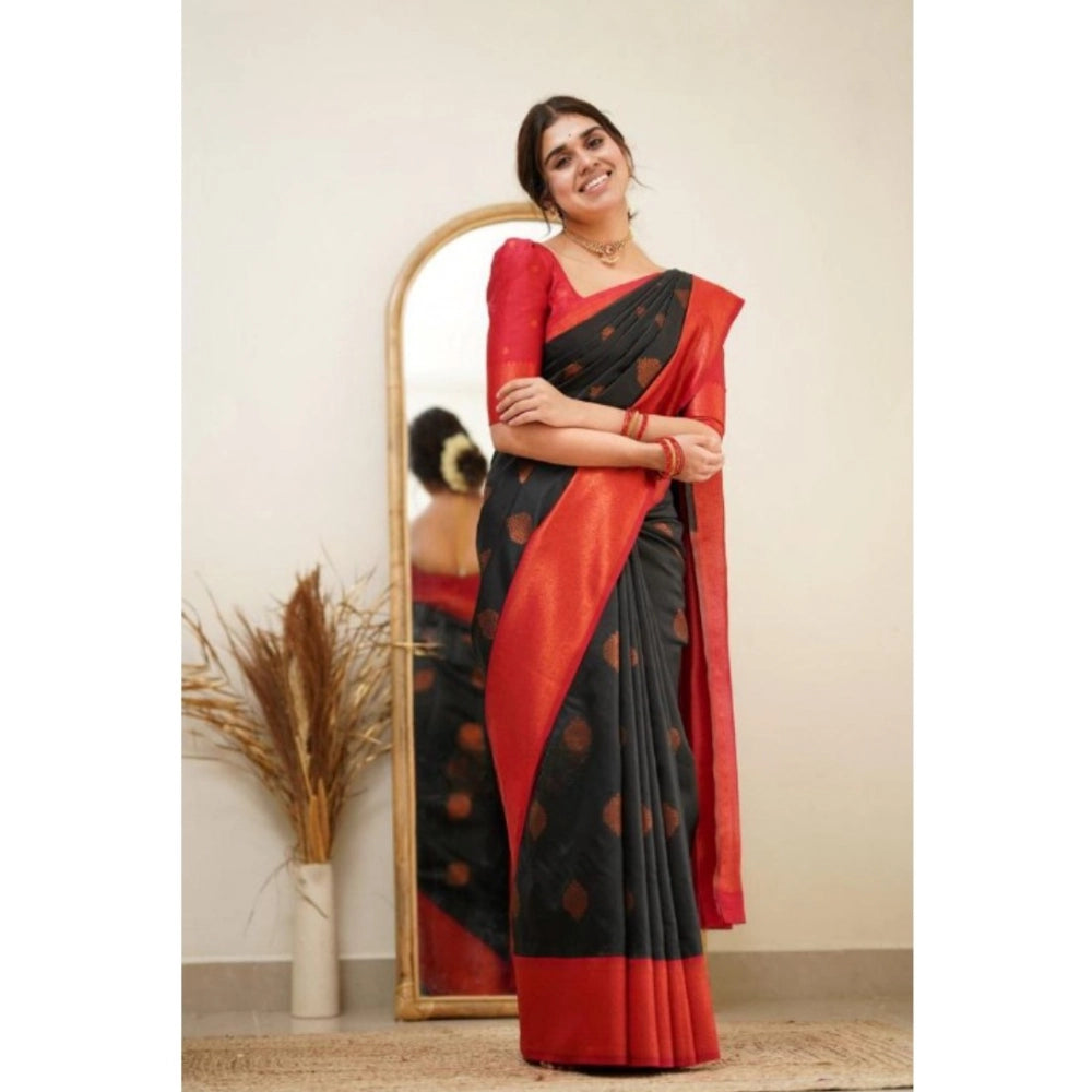 Snuggle Spot Women's Silk Printed Saree With Unstitched Blouse 5.5Mtr (Black)