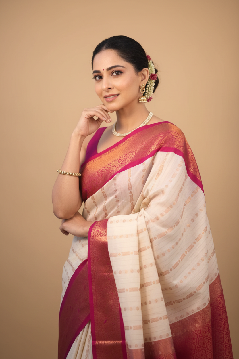 Snuggle Spot Women's Silk Printed Saree With Unstitched Blouse 5.5Mtr (White-Pink)