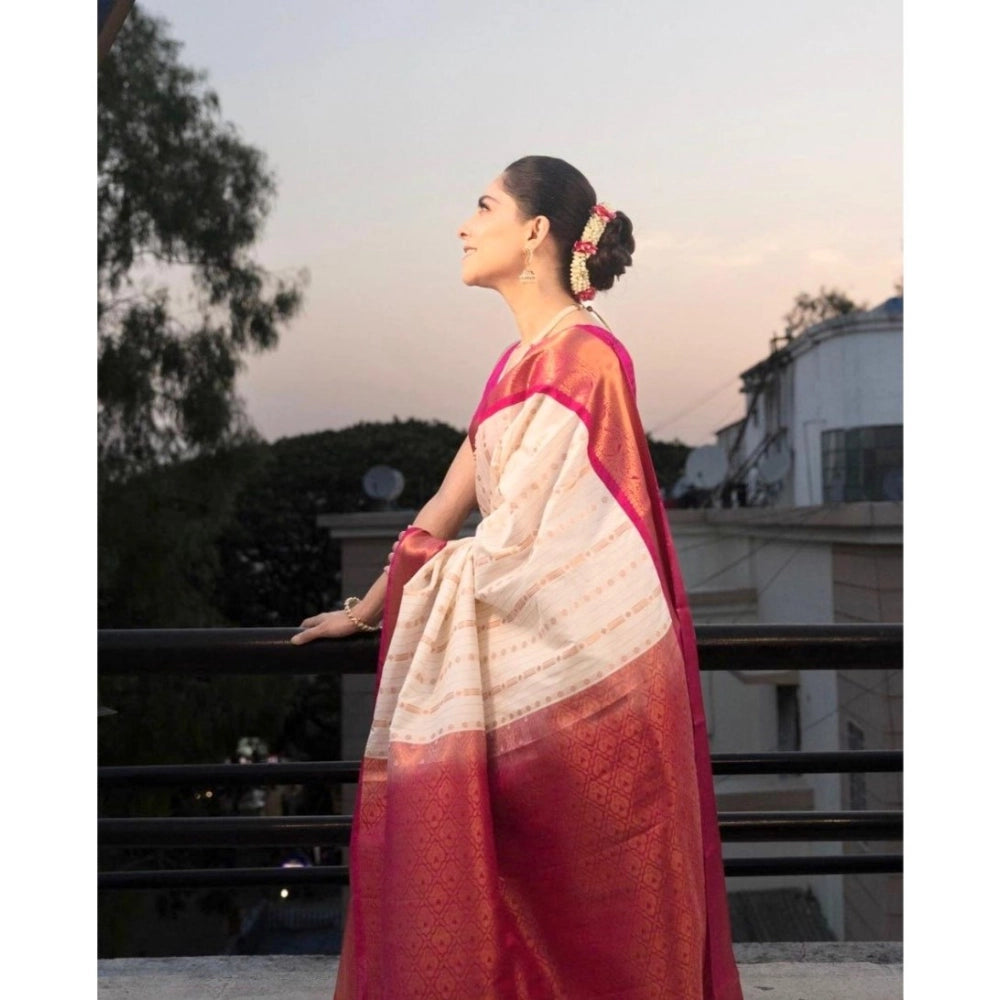 Snuggle Spot Women's Silk Printed Saree With Unstitched Blouse 5.5Mtr (White-Pink)