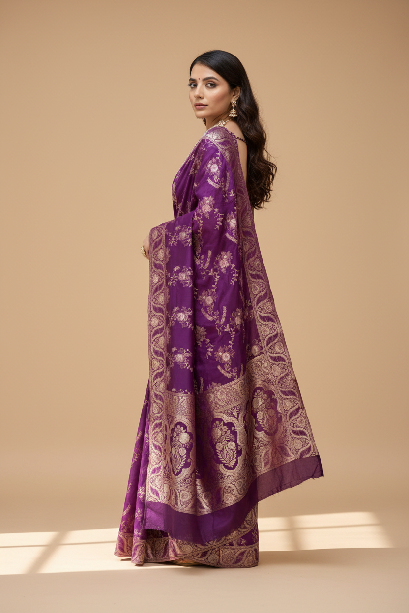 Snuggle Spot Women's Silk Printed Saree With Unstitched Blouse 5.5Mtr (Purple)