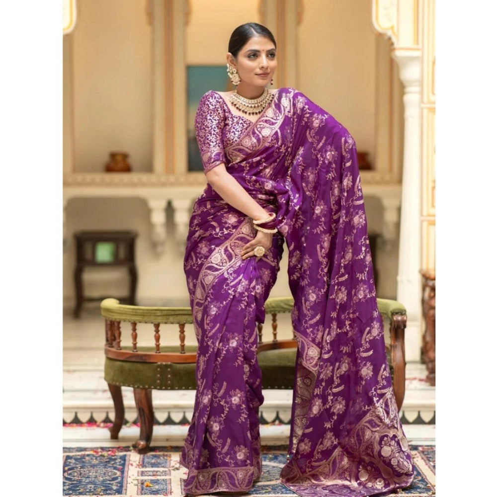 Snuggle Spot Women's Silk Printed Saree With Unstitched Blouse 5.5Mtr (Purple)