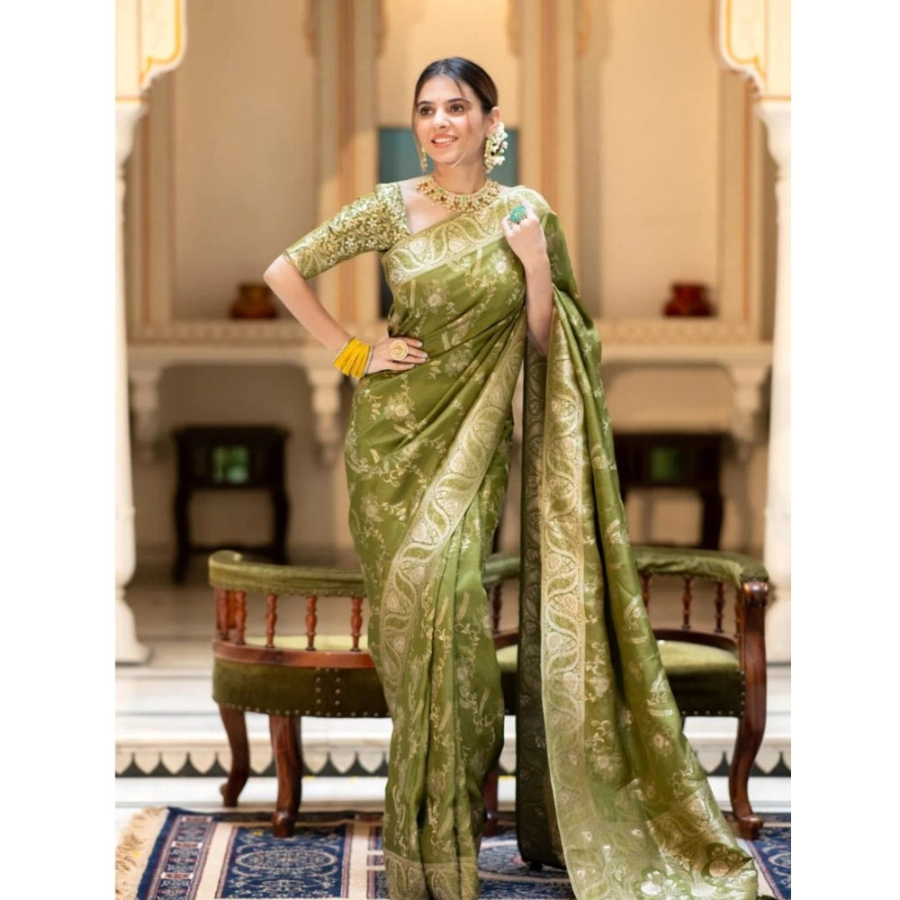 Snuggle Spot Women's Silk Printed Saree With Unstitched Blouse 5.5Mtr (Olive Green)