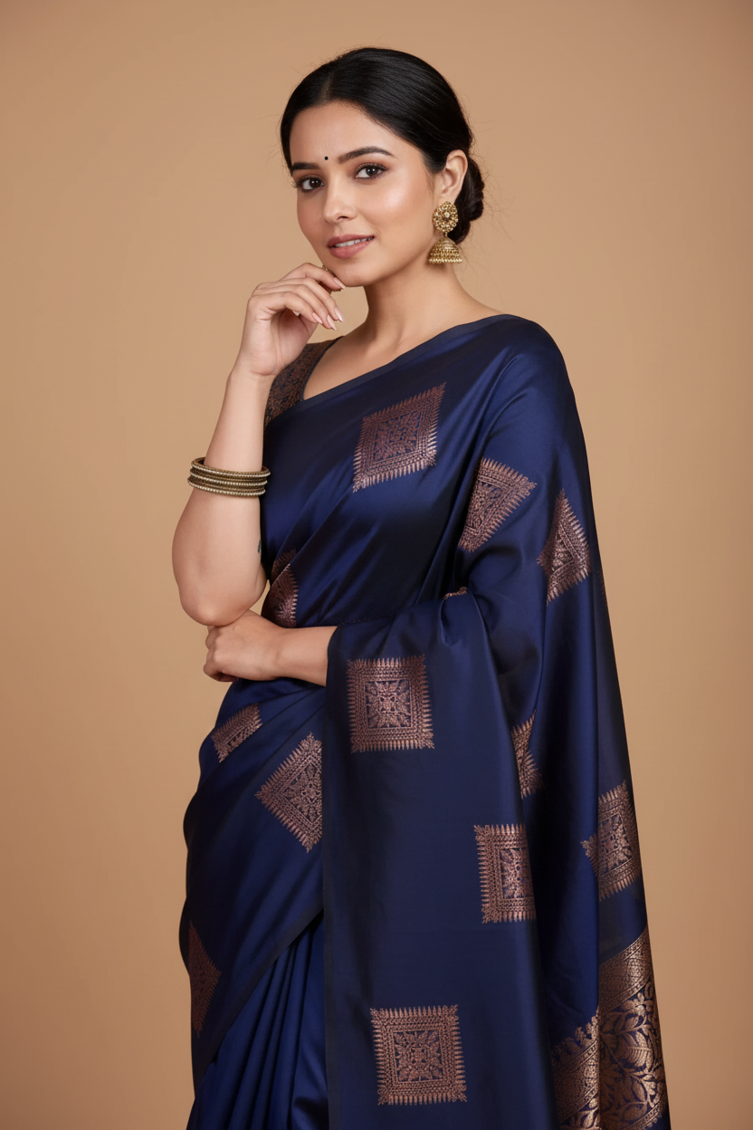 Snuggle Spot Women's Silk Printed Saree With Unstitched Blouse 5.5Mtr (Navy Blue)