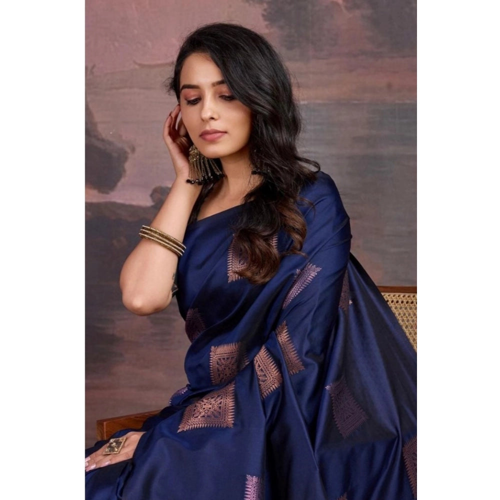 Snuggle Spot Women's Silk Printed Saree With Unstitched Blouse 5.5Mtr (Navy Blue)