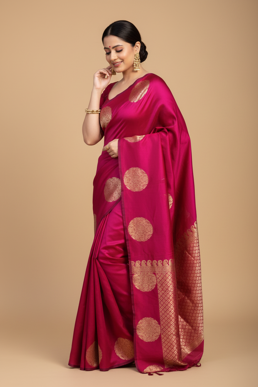 Snuggle Spot Women's Silk Printed Saree With Unstitched Blouse 5.5Mtr (Pink)