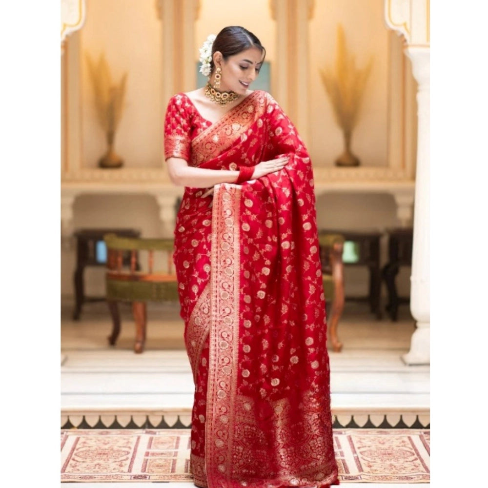 Snuggle Spot Women's Silk Printed Saree With Unstitched Blouse 5.5Mtr (Red)