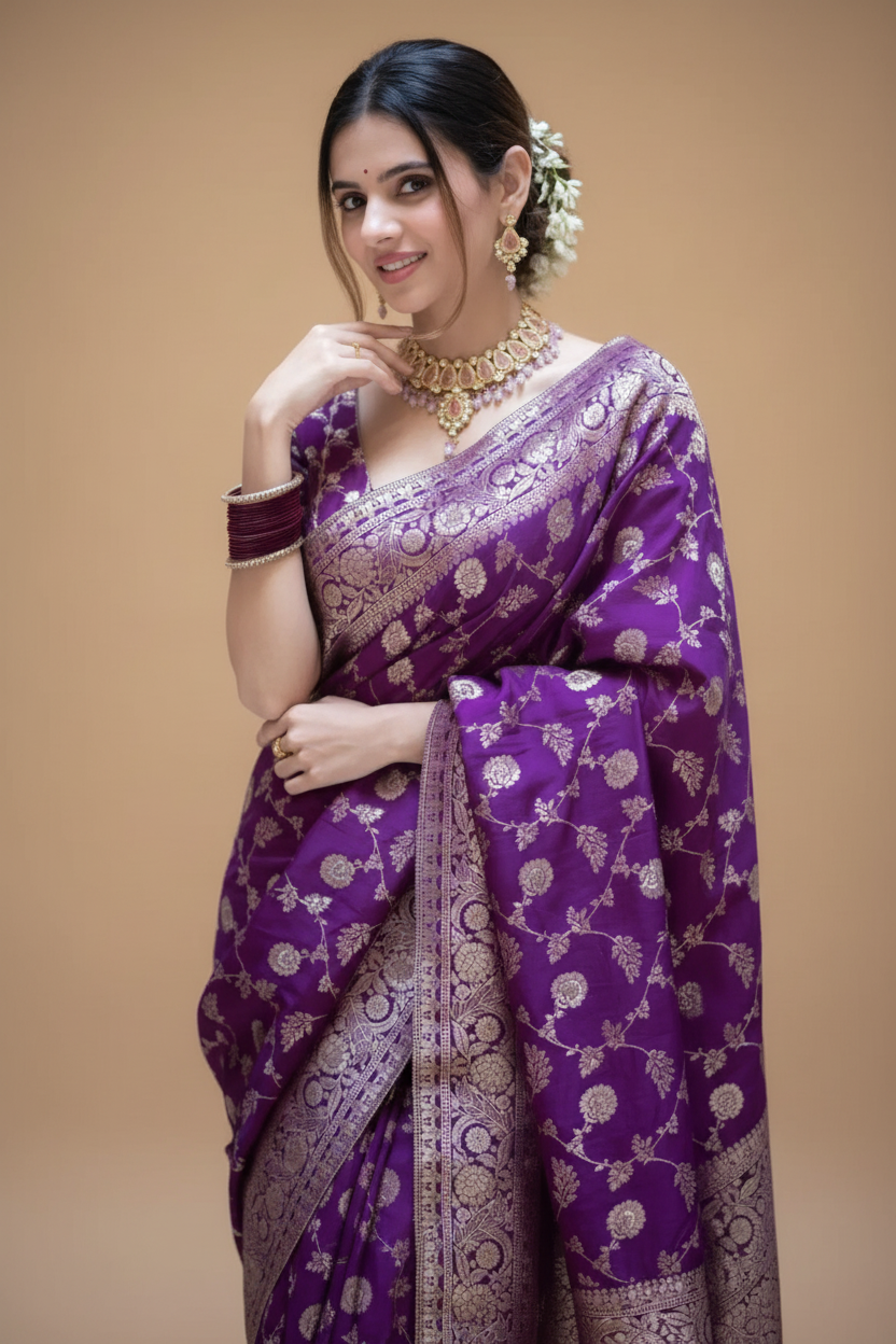 Snuggle Spot Women's Silk Printed Saree With Unstitched Blouse 5.5Mtr (Purple)