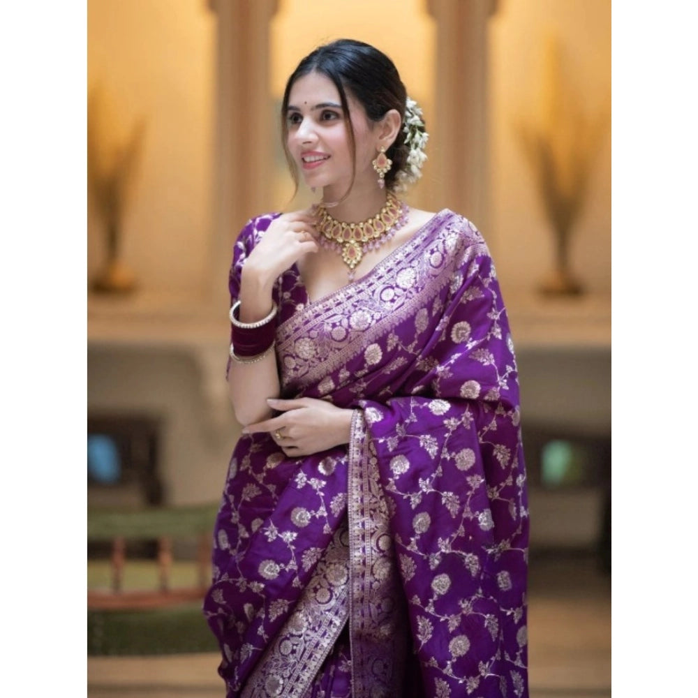 Snuggle Spot Women's Silk Printed Saree With Unstitched Blouse 5.5Mtr (Purple)