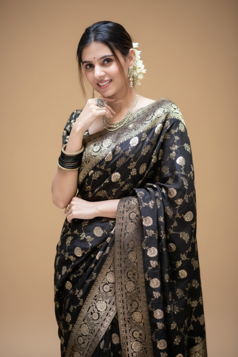 Snuggle Spot Women's Silk Printed Saree With Unstitched Blouse 5.5Mtr (Black)