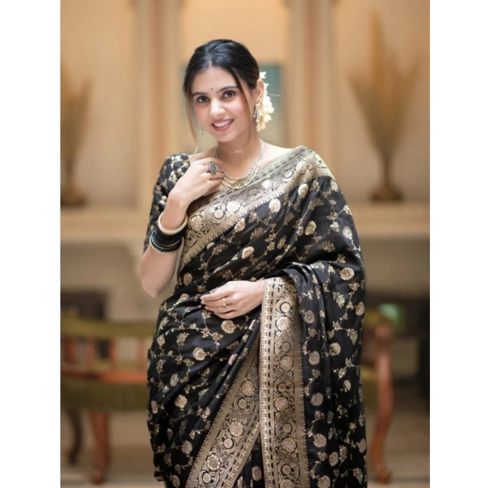 Snuggle Spot Women's Silk Printed Saree With Unstitched Blouse 5.5Mtr (Black)
