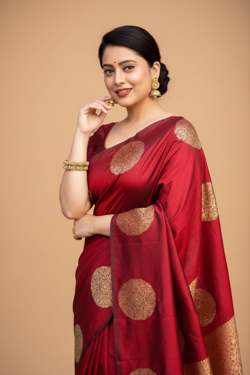 Snuggle Spot Women's Silk Printed Saree With Unstitched Blouse 5.5Mtr (Red)